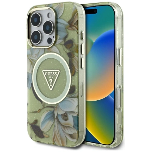 Kup Etui Guess Glitter Flowers Triangle Buttons MagSafe do Apple iPhone 16 Pro zielony - GUE4418 - {ean13} - Sklep Home Screen