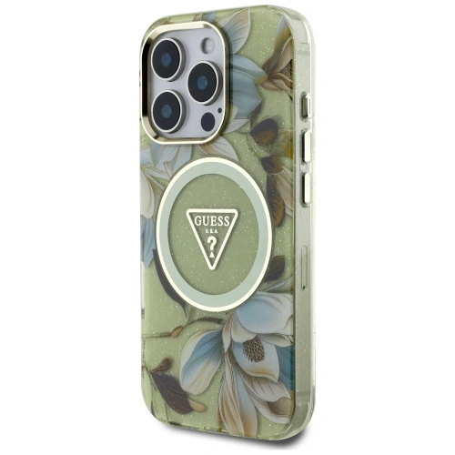 Kup Etui Guess Glitter Flowers Triangle Buttons MagSafe do Apple iPhone 16 Pro zielony - GUE4418 - {ean13} - Sklep Home Screen