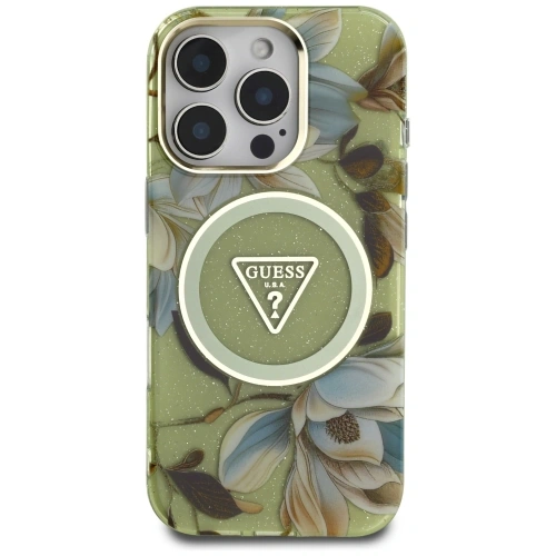 Kup Etui Guess Glitter Flowers Triangle Buttons MagSafe do Apple iPhone 16 Pro zielony - GUE4418 - {ean13} - Sklep Home Screen