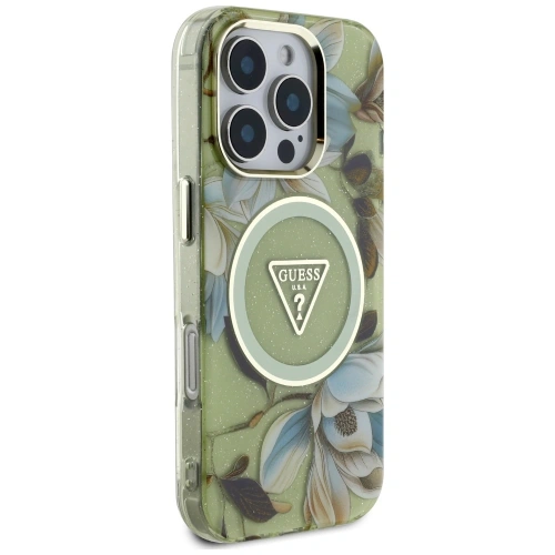 Buy Guess Glitter Flowers Triangle Buttons MagSafe Apple iPhone 16 Pro green - GUE4418 - {ean13} - Home Screen Store Europe