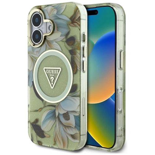 Buy Guess Glitter Flowers Triangle Buttons MagSafe Apple iPhone 16 green - GUE4419 - {ean13} - Home Screen Store Europe