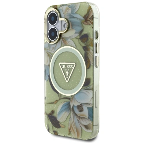 Kup Etui Guess Glitter Flowers Triangle Buttons MagSafe do Apple iPhone 16 zielony - GUE4419 - {ean13} - Sklep Home Screen