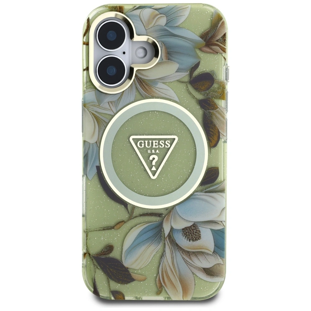 Etui Guess Glitter Flowers Triangle Buttons MagSafe do Apple iPhone 16 zielony