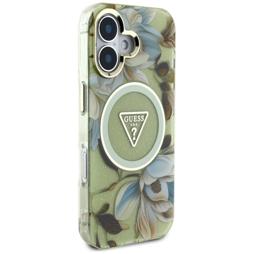 Kup Etui Guess Glitter Flowers Triangle Buttons MagSafe do Apple iPhone 16 zielony - GUE4419 - {ean13} - Sklep Home Screen