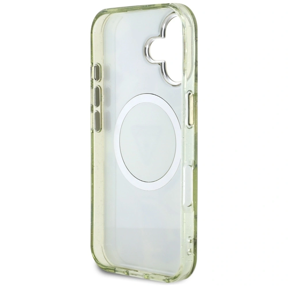 Etui Guess Glitter Flowers Triangle Buttons MagSafe do Apple iPhone 16 zielony