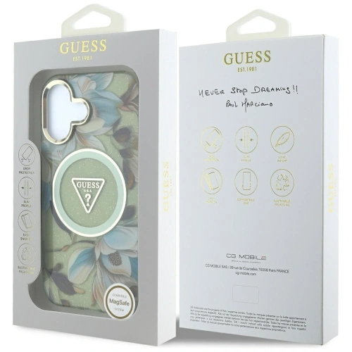 Kup Etui Guess Glitter Flowers Triangle Buttons MagSafe do Apple iPhone 16 zielony - GUE4419 - {ean13} - Sklep Home Screen