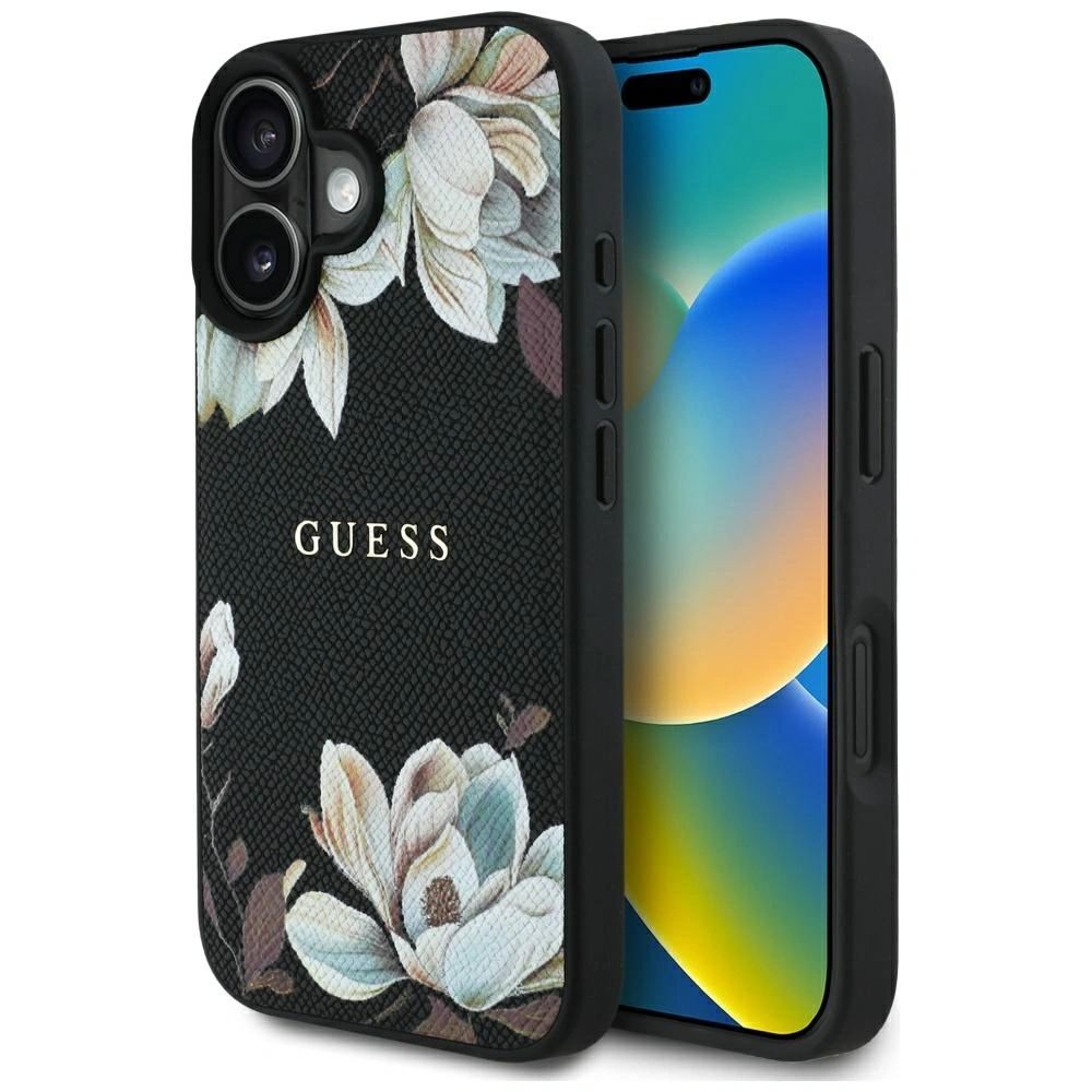 Etui Guess Grained Printed Flower Pattern MagSafe do Apple iPhone 16 czarny