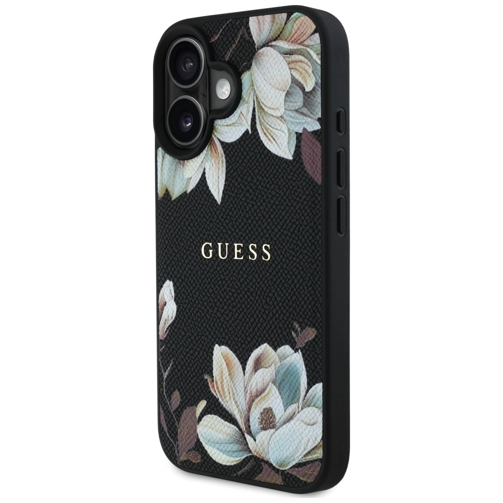 Etui Guess Grained Printed Flower Pattern MagSafe do Apple iPhone 16 czarny