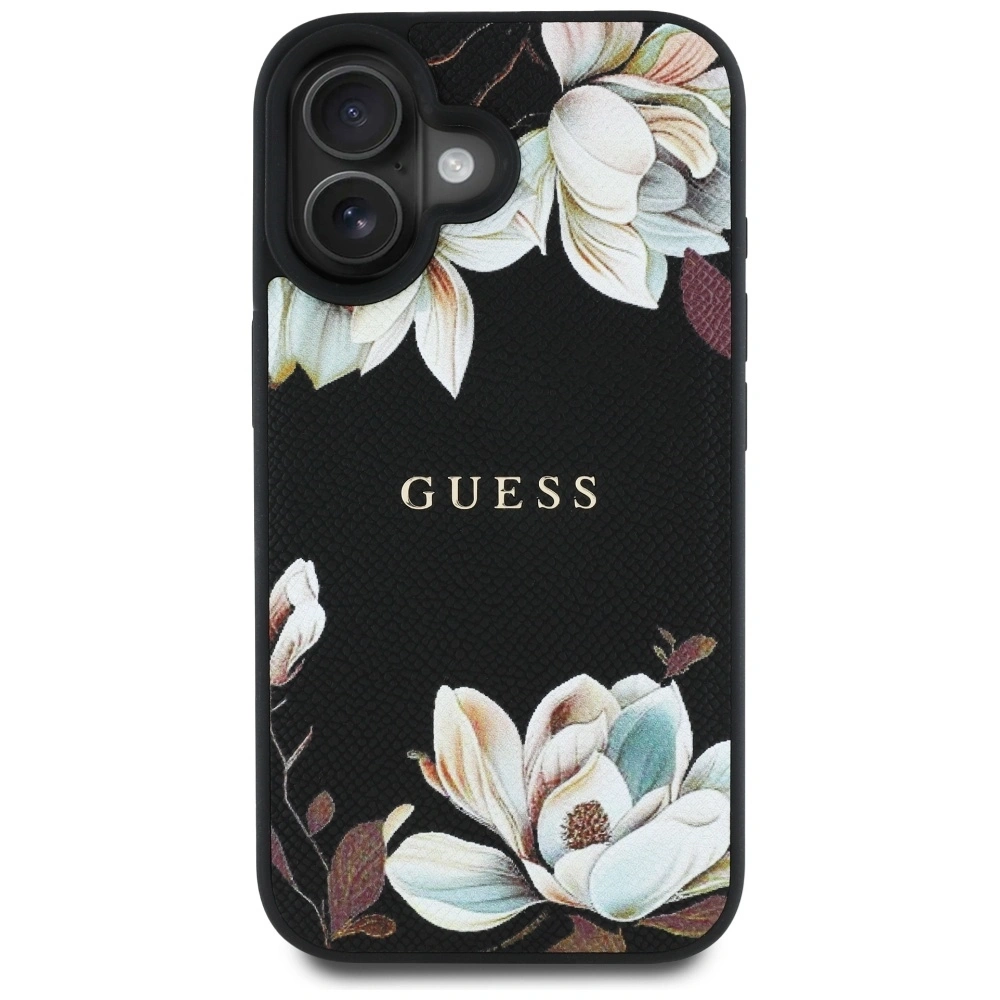 Etui Guess Grained Printed Flower Pattern MagSafe do Apple iPhone 16 czarny