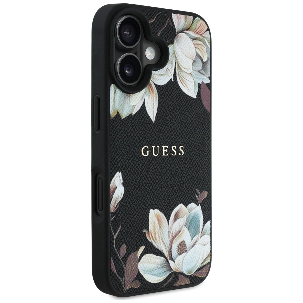 Etui Guess Grained Printed Flower Pattern MagSafe do Apple iPhone 16 czarny
