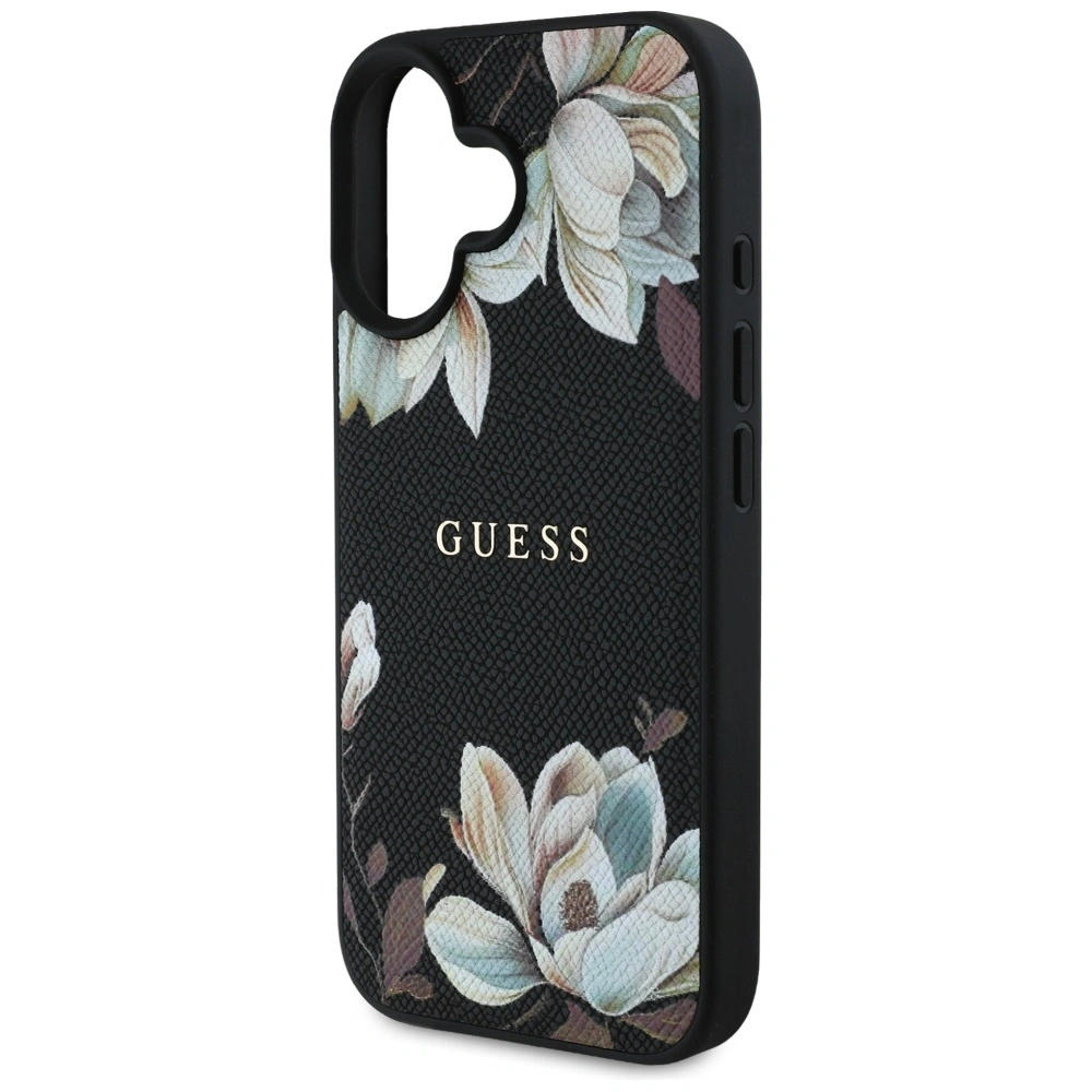 Etui Guess Grained Printed Flower Pattern MagSafe do Apple iPhone 16 czarny