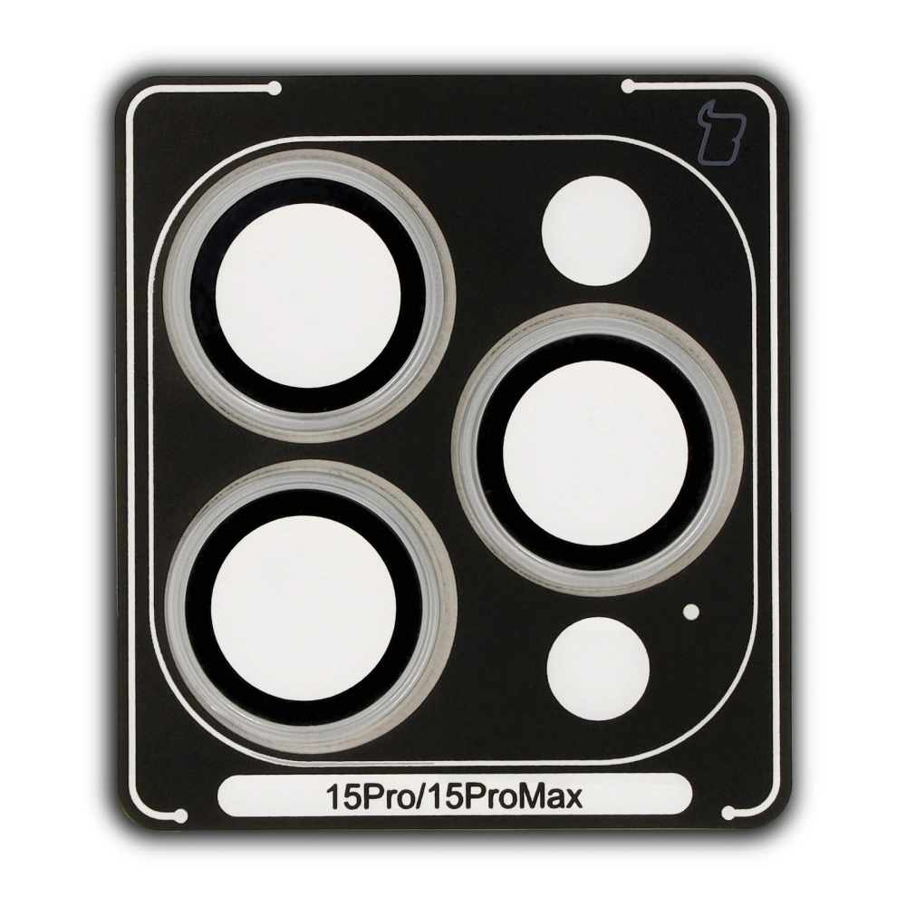 Szkło na aparat z aplikatorem Bizon Glass Snap Lens do Apple iPhone 15 Pro / 15 Pro Max srebrna ramka