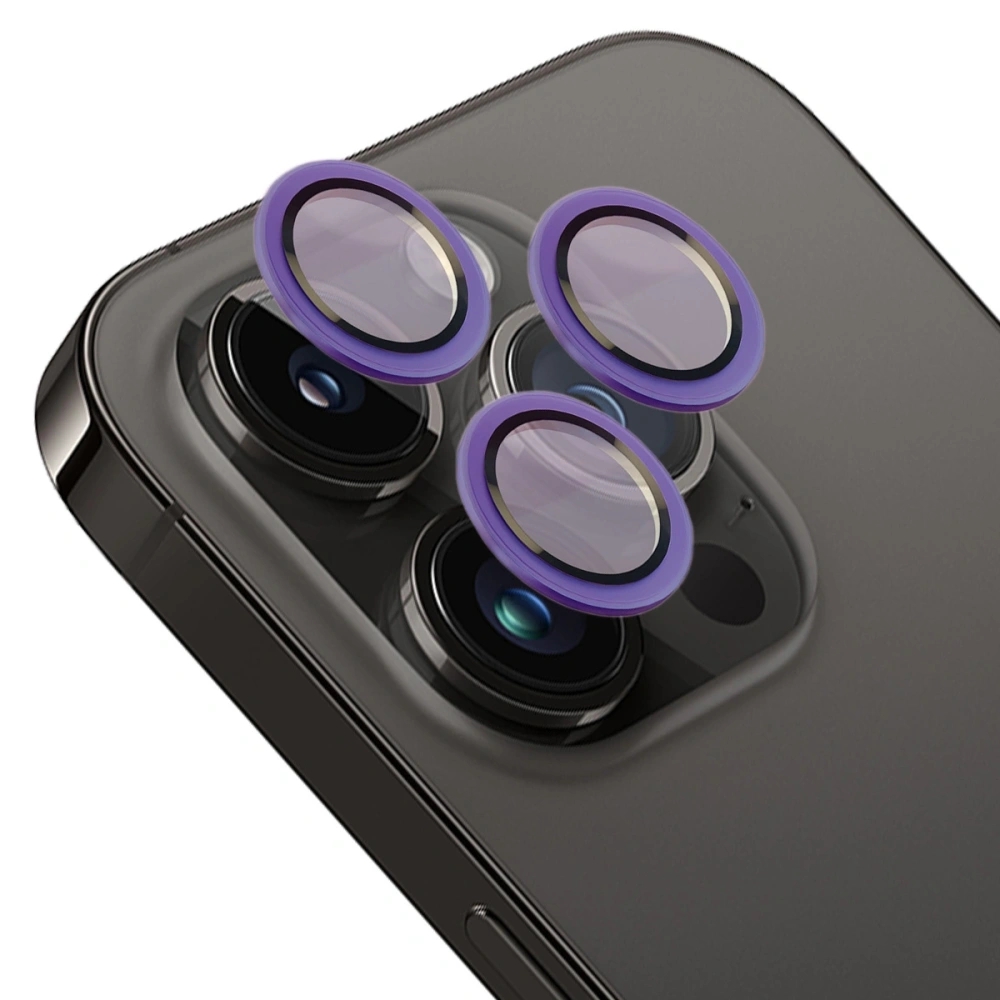 Szkło na aparat z aplikatorem Bizon Glass Snap Lens do Apple iPhone 14 Pro / 14 Pro Max ciemnofioletowa ramka