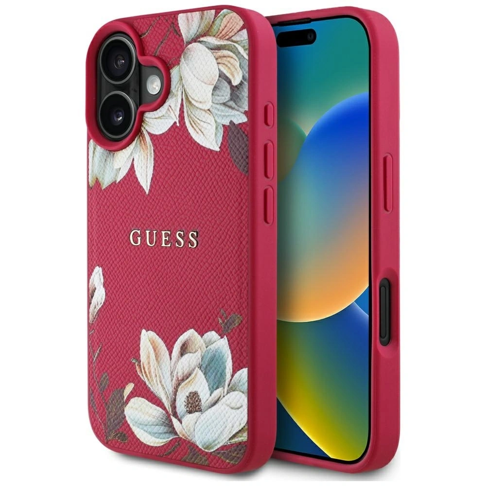 Etui Guess Grained Printed Flower Pattern MagSafe do Apple iPhone 16 fuksja