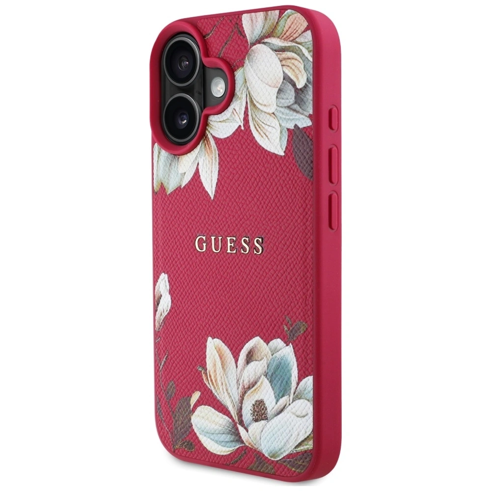 Etui Guess Grained Printed Flower Pattern MagSafe do Apple iPhone 16 fuksja