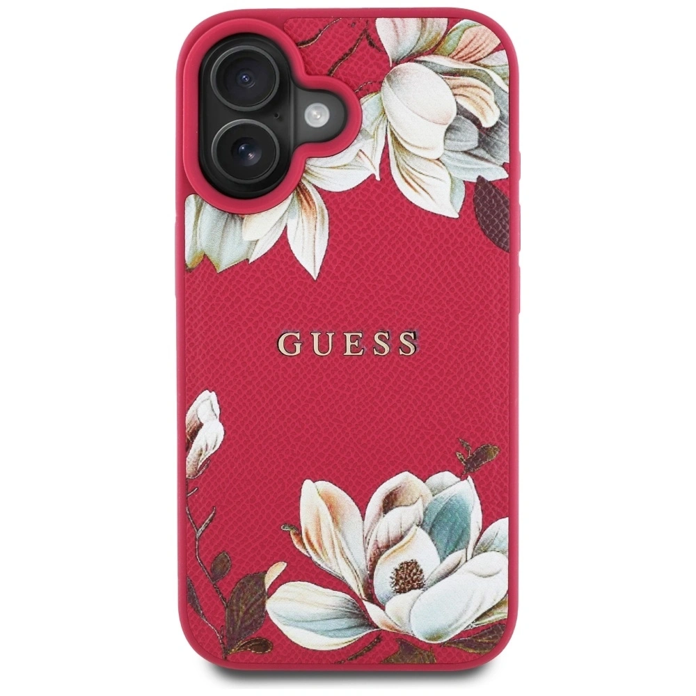Etui Guess Grained Printed Flower Pattern MagSafe do Apple iPhone 16 fuksja