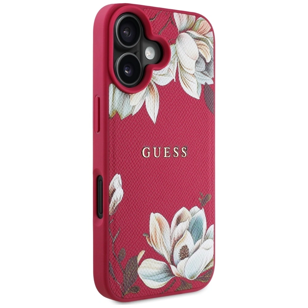 Etui Guess Grained Printed Flower Pattern MagSafe do Apple iPhone 16 fuksja