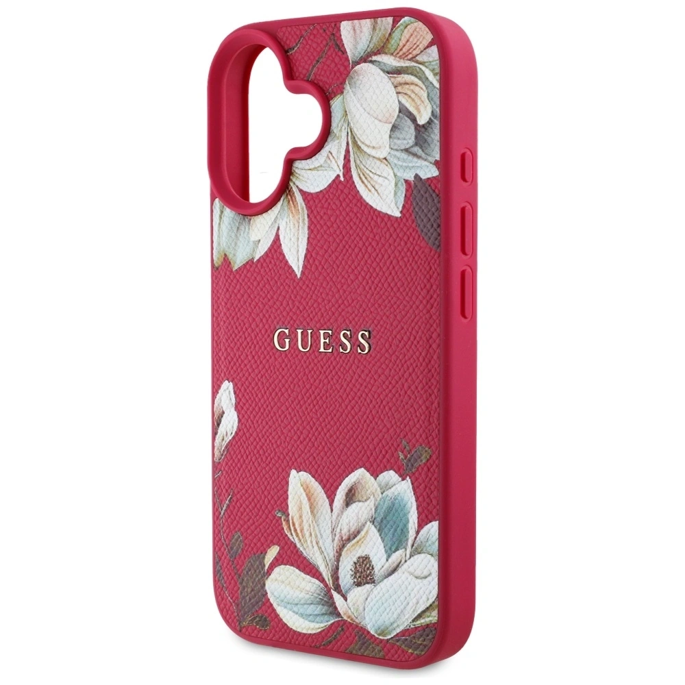 Etui Guess Grained Printed Flower Pattern MagSafe do Apple iPhone 16 fuksja