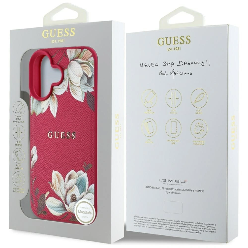 Etui Guess Grained Printed Flower Pattern MagSafe do Apple iPhone 16 fuksja