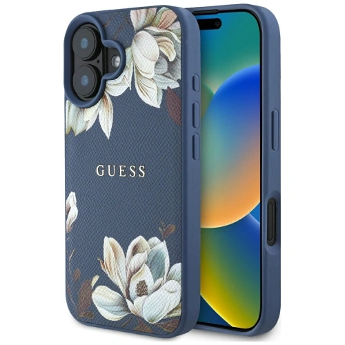 Kup Etui Guess Grained Printed Flower Pattern MagSafe do Apple iPhone 16 niebieski - GUE4422 - {ean13} - Sklep Home Screen