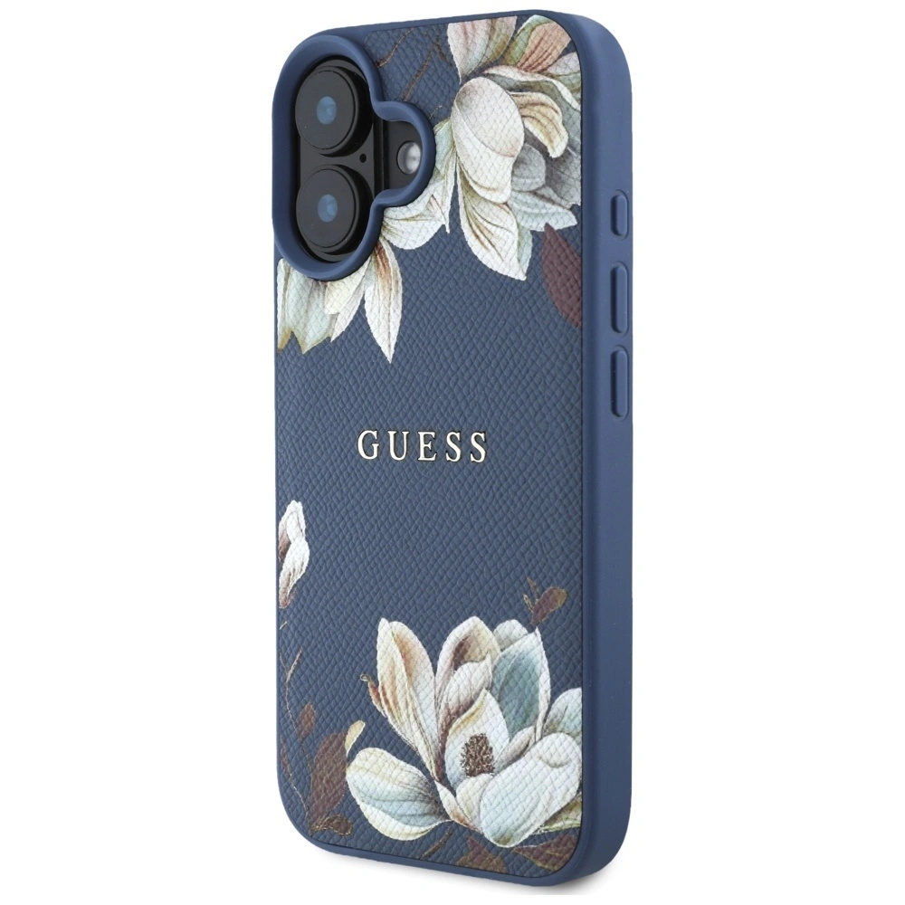 Etui Guess Grained Printed Flower Pattern MagSafe do Apple iPhone 16 niebieski