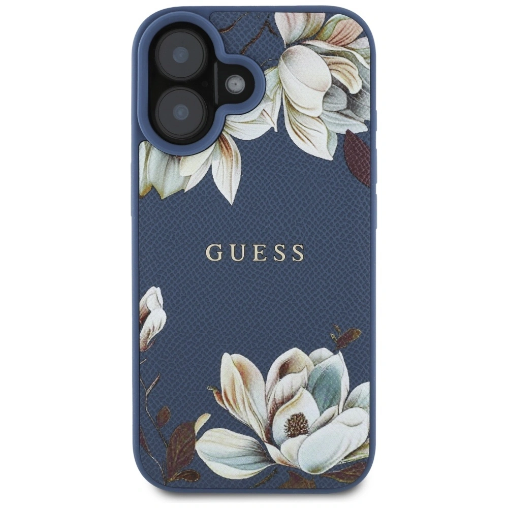 Etui Guess Grained Printed Flower Pattern MagSafe do Apple iPhone 16 niebieski