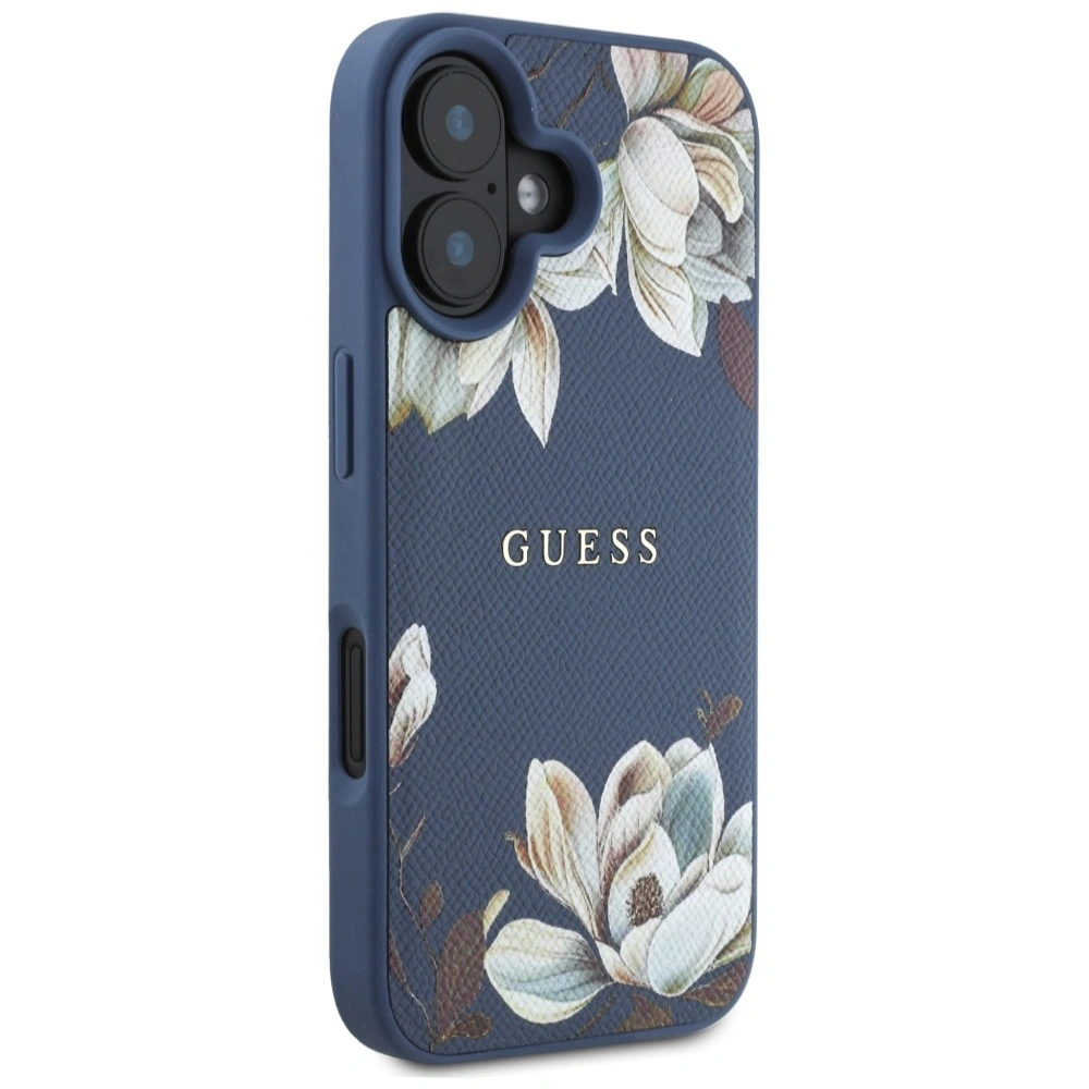 Etui Guess Grained Printed Flower Pattern MagSafe do Apple iPhone 16 niebieski