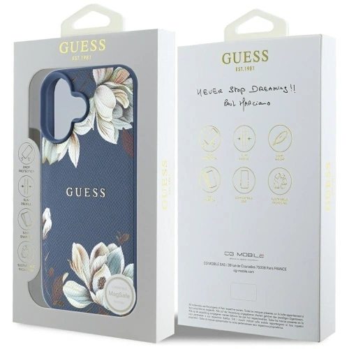 Kup Etui Guess Grained Printed Flower Pattern MagSafe do Apple iPhone 16 niebieski - GUE4422 - {ean13} - Sklep Home Screen