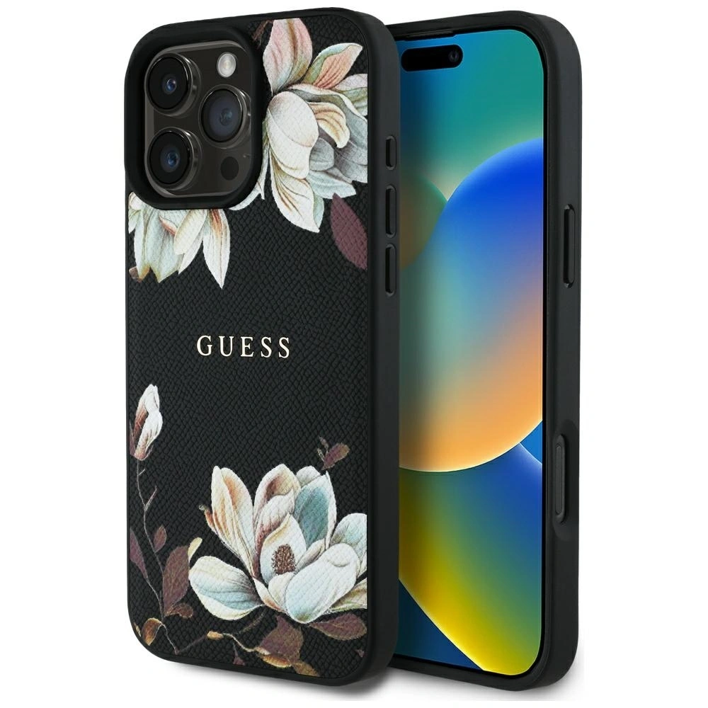 Etui Guess Grained Printed Flower Pattern MagSafe do Apple iPhone 16 Pro czarny