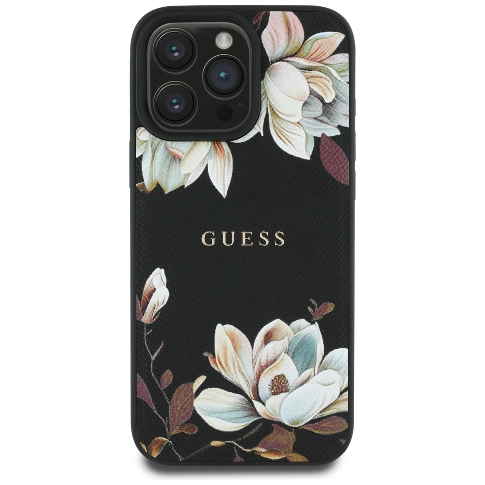Etui Guess Grained Printed Flower Pattern MagSafe do Apple iPhone 16 Pro czarny