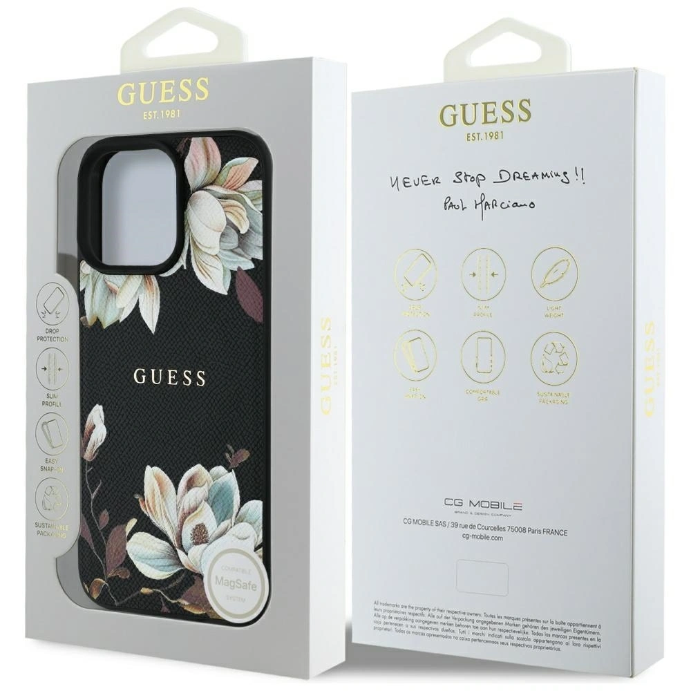 Etui Guess Grained Printed Flower Pattern MagSafe do Apple iPhone 16 Pro czarny