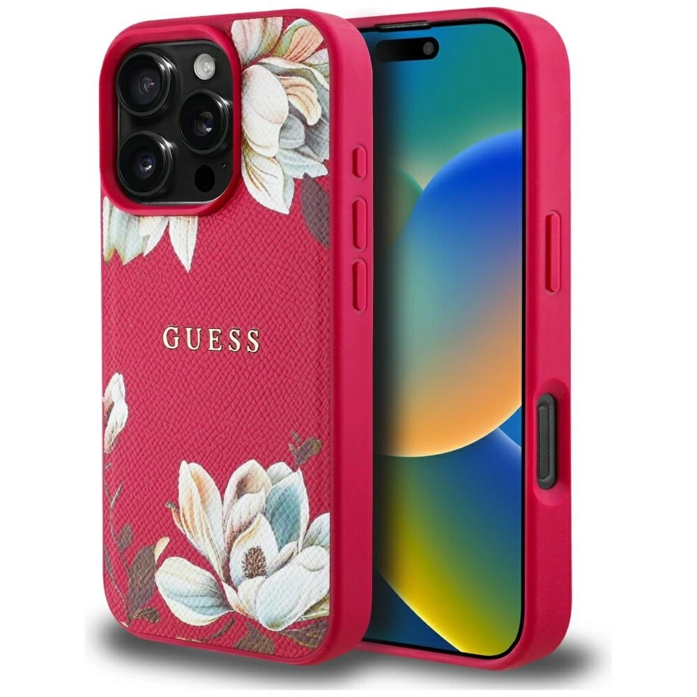 Etui Guess Grained Printed Flower Pattern MagSafe do Apple iPhone 16 Pro fuksja