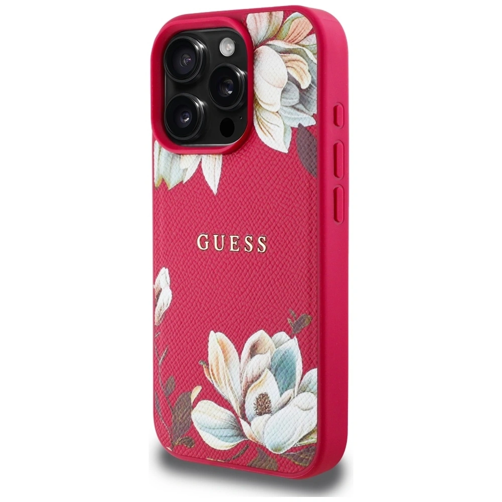 Etui Guess Grained Printed Flower Pattern MagSafe do Apple iPhone 16 Pro fuksja