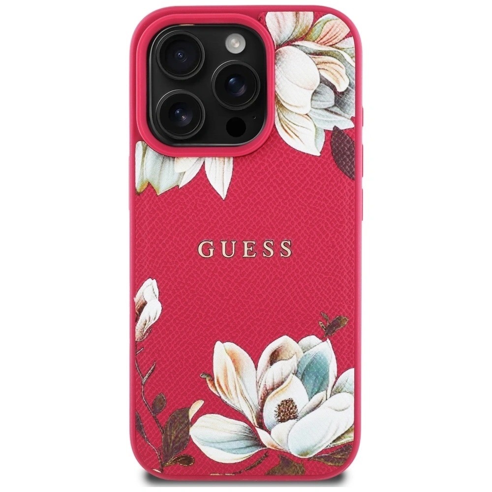 Etui Guess Grained Printed Flower Pattern MagSafe do Apple iPhone 16 Pro fuksja