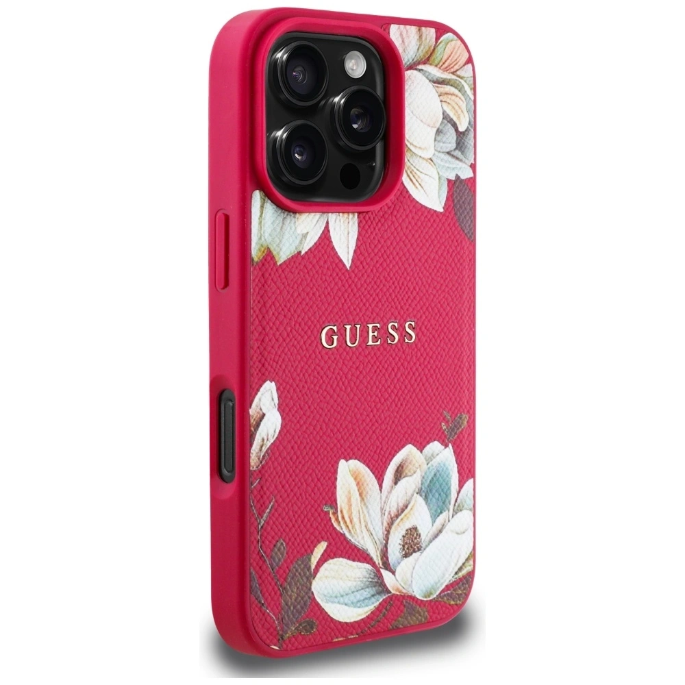 Etui Guess Grained Printed Flower Pattern MagSafe do Apple iPhone 16 Pro fuksja
