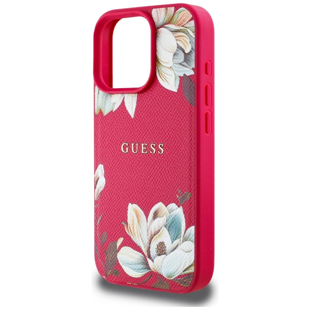 Etui Guess Grained Printed Flower Pattern MagSafe do Apple iPhone 16 Pro fuksja