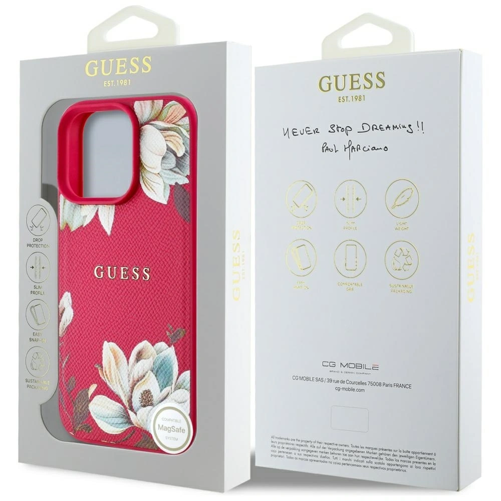 Etui Guess Grained Printed Flower Pattern MagSafe do Apple iPhone 16 Pro fuksja