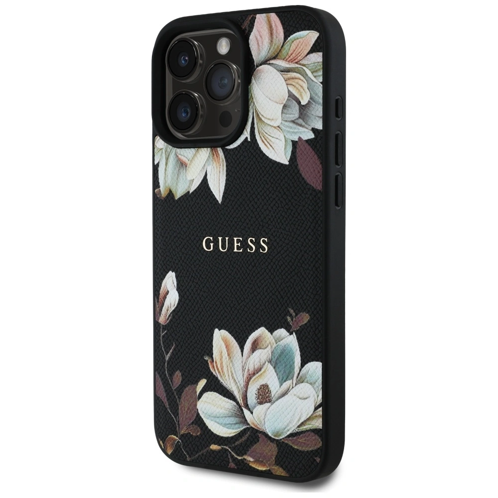 Etui Guess Grained Printed Flower Pattern MagSafe do Apple iPhone 16 Pro Max czarny