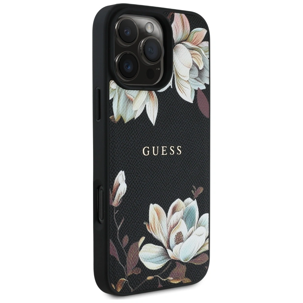 Etui Guess Grained Printed Flower Pattern MagSafe do Apple iPhone 16 Pro Max czarny