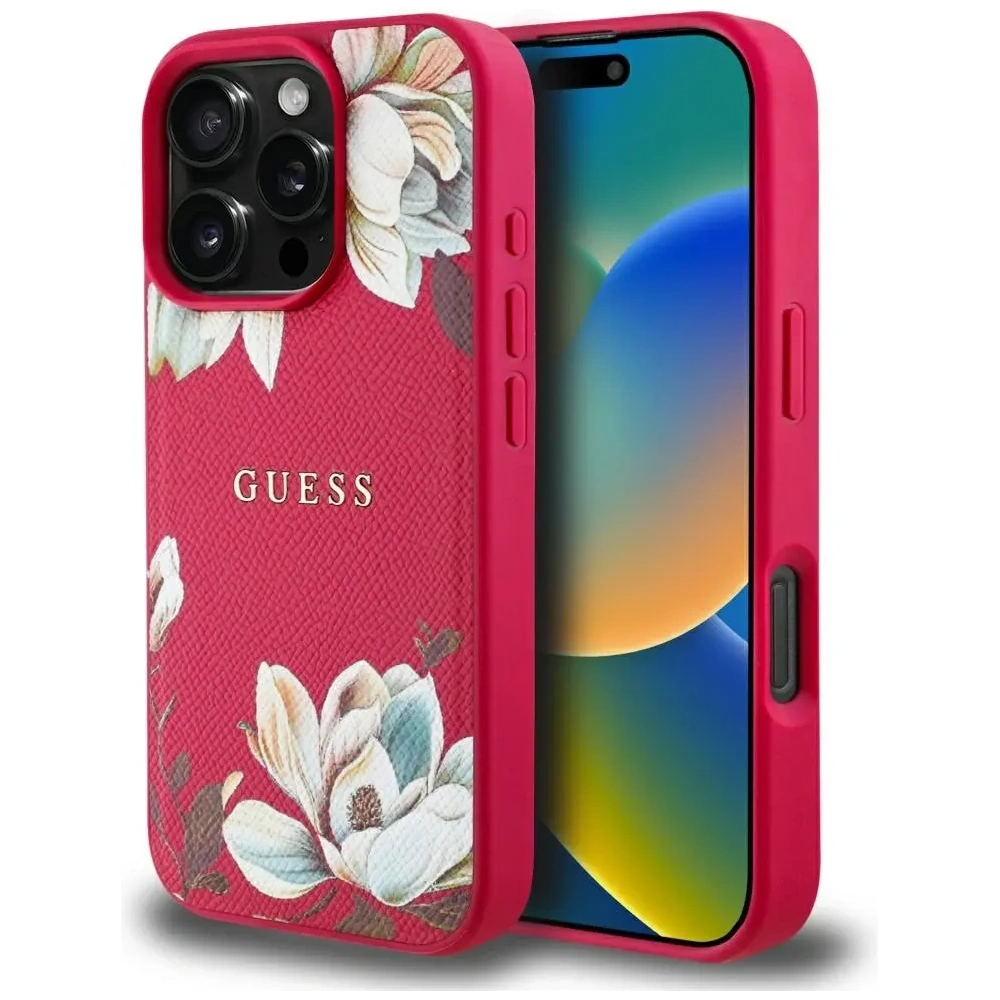 Etui Guess Grained Printed Flower Pattern MagSafe do Apple iPhone 16 Pro Max fuksja