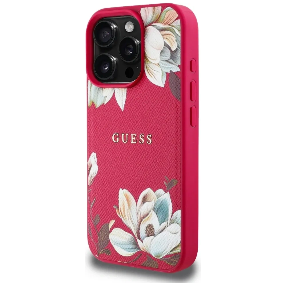 Etui Guess Grained Printed Flower Pattern MagSafe do Apple iPhone 16 Pro Max fuksja