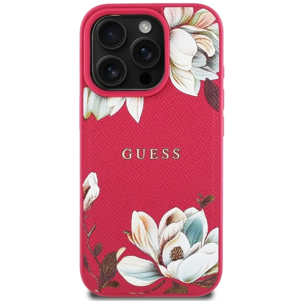 Etui Guess Grained Printed Flower Pattern MagSafe do Apple iPhone 16 Pro Max fuksja