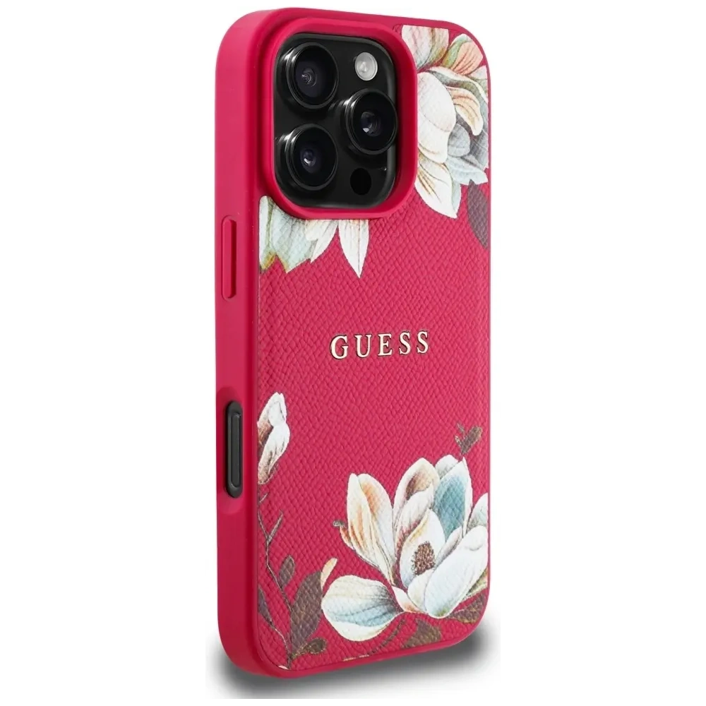 Etui Guess Grained Printed Flower Pattern MagSafe do Apple iPhone 16 Pro Max fuksja
