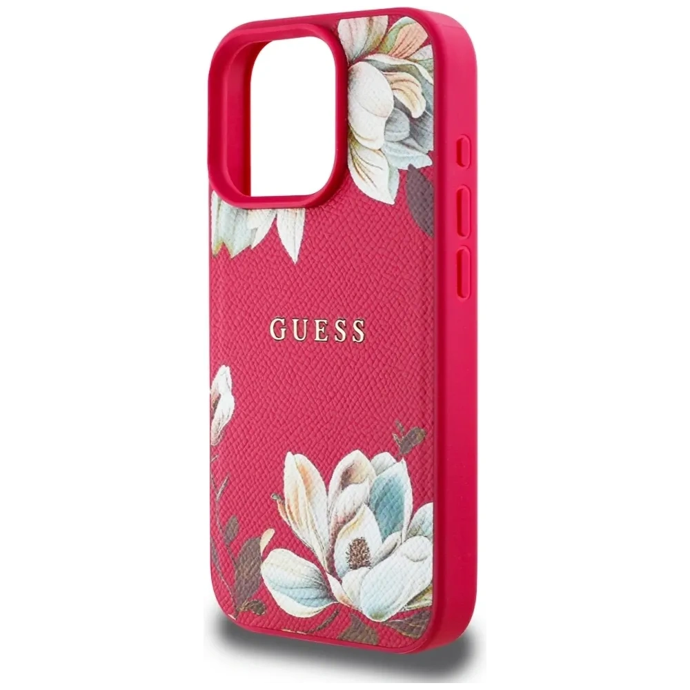 Etui Guess Grained Printed Flower Pattern MagSafe do Apple iPhone 16 Pro Max fuksja