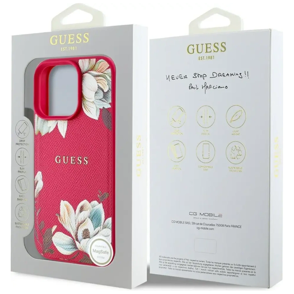 Etui Guess Grained Printed Flower Pattern MagSafe do Apple iPhone 16 Pro Max fuksja