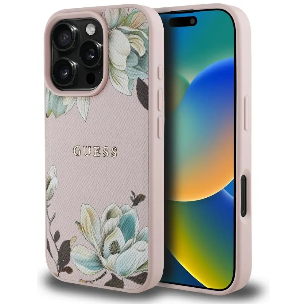 Etui Guess Grained Printed Flower Pattern MagSafe do Apple iPhone 16 Pro Max różowy