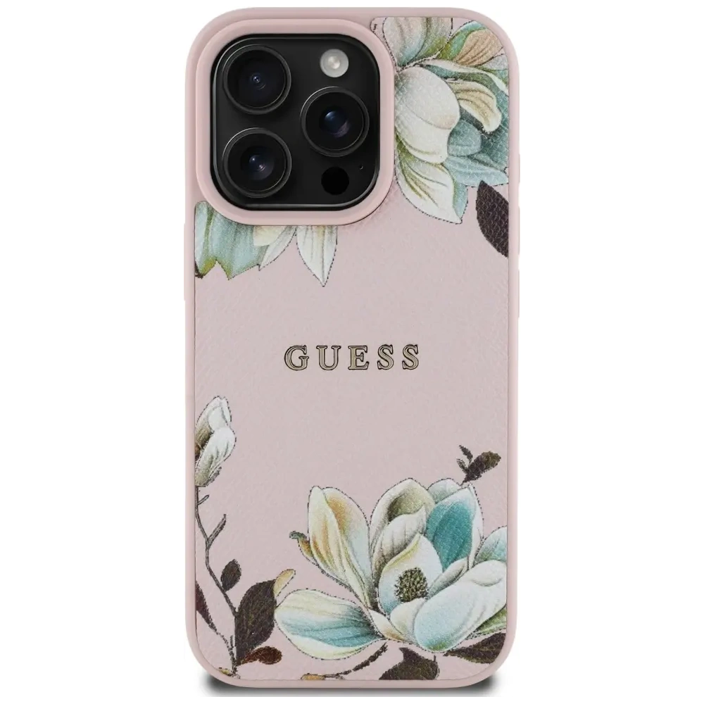 Etui Guess Grained Printed Flower Pattern MagSafe do Apple iPhone 16 Pro Max różowy