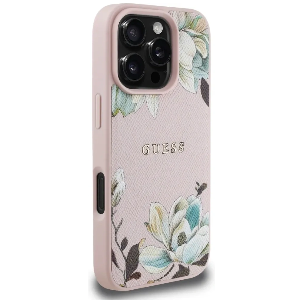 Etui Guess Grained Printed Flower Pattern MagSafe do Apple iPhone 16 Pro Max różowy