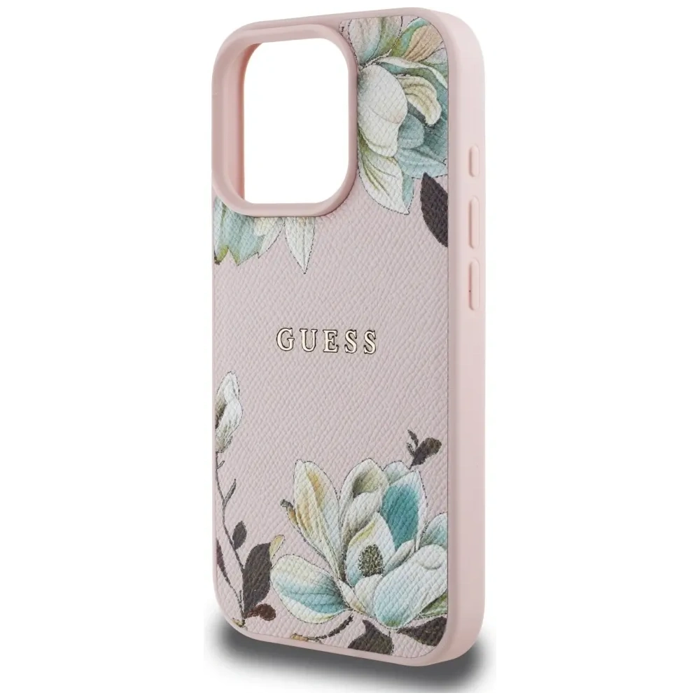 Etui Guess Grained Printed Flower Pattern MagSafe do Apple iPhone 16 Pro Max różowy