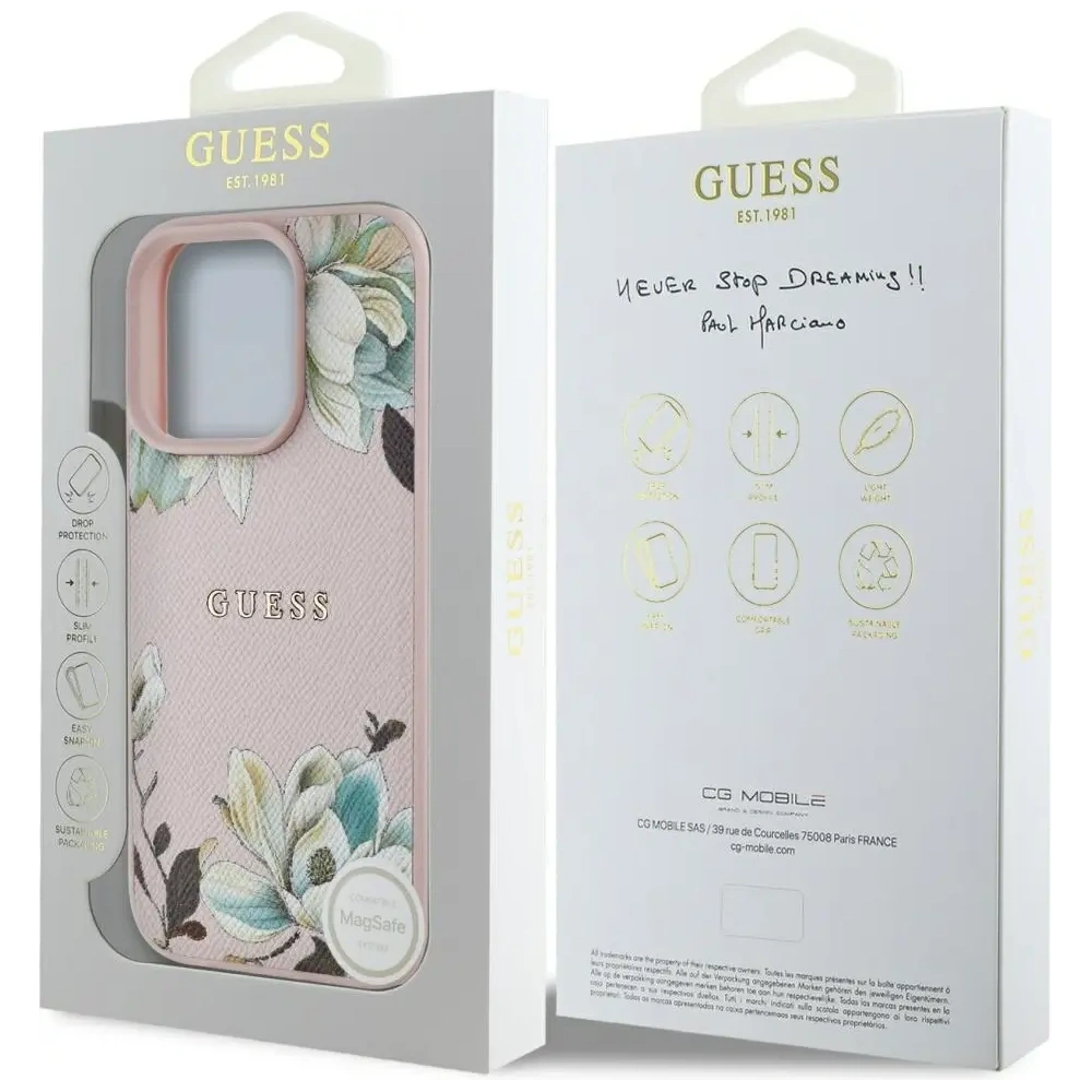 Etui Guess Grained Printed Flower Pattern MagSafe do Apple iPhone 16 Pro Max różowy